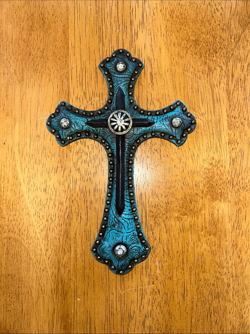 Decorative Turquoise Wall Cross with Rhinestone Accents
